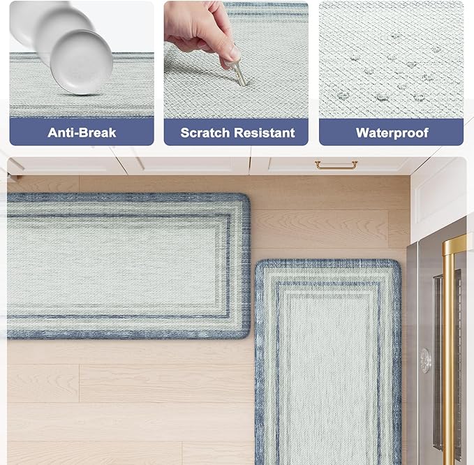 KIMODE Anti Fatigue Kitchen Mat 2PCS,Non-Skid Waterproof Kitchen Rugs,Farmhouse Kitchen Mat for Floor,Cushioned Comfort Foam Standing Mat for Floor,Office,Sink,Desk,Laundry,Blue and Gray
