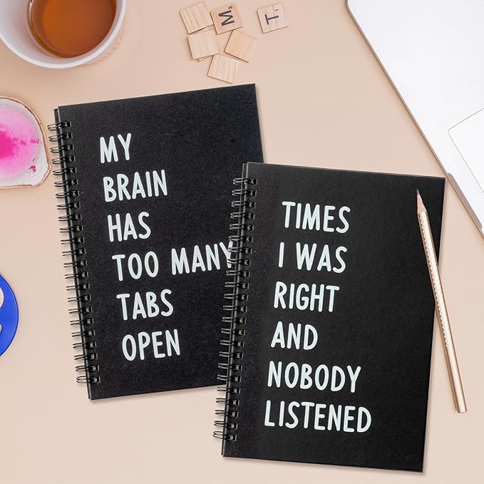 GioXtra Funny Office Notebook - 2Pcs MY BRAIN and TIMES Humorous Work Quote A5 Spiral Notebook Black Hardcover Diary Notepad Office Coworker White Elephant Gift College Student Gag Gift Birthday Favor