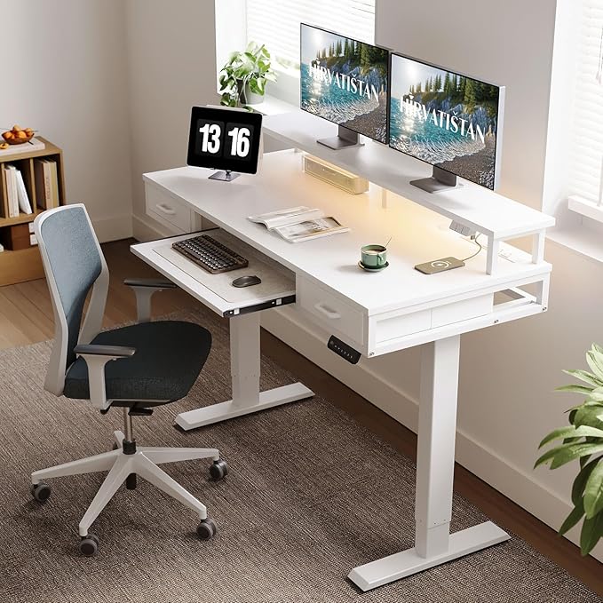 AODK Electric Standing Desk with Drawers & Keyboard Tray, 55 Inch Height Adjustable Gaming Desk with Power Outlets & LED Lights, Sit Stand Table with Monitor Stand for Home, Office, White