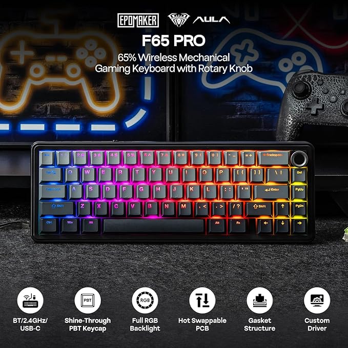 EPOMAKER X Aula F65 PRO Wireless Mechanical Gaming Keyboard, Hot-Swap, 5-Layer Padding, Creamy Gasket, Knob and Shine-Through PBT Keycap, RGB, BT/2.4GHz/USB-C (Gradient Grey, Graywood V3 Switch)
