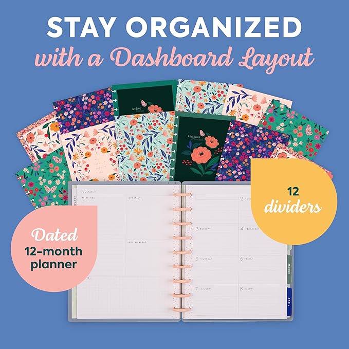 Happy Planner Disc-Bound Planner Jan.–Dec. 2026, Includes 3 Extra Months and 2 Sticker Sheets, Classic Size, 7" x 9.25", Dashboard Layout, Happy Poppies