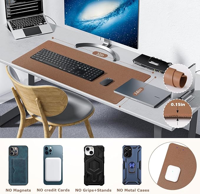 Wireless Charging Mouse Pad Firelison 2 in 1 Leather Multifunctional Office Desk Pad with Non-Slip Rubber Base, Waterproof Desk pad for Computers/Office/Work/Home/Decor（ 32" x 16"Buff - L
