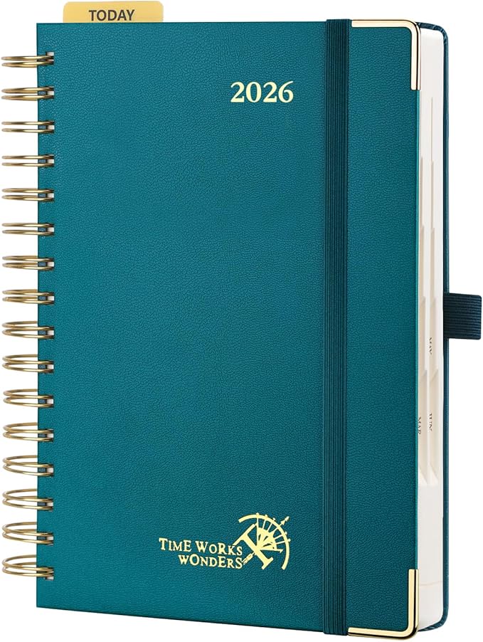 POPRUN 2026 Daily Planner One Page A Day - [8.5" x 5.75" Wire-Bound Hard Cover] Agenda 2026 Hourly Appointment Book with Monthly Calendar, Inner Pocket, Ivory Paper - Pacific Green