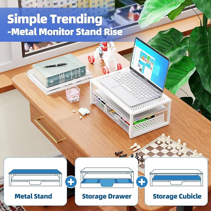 Simple Trending Metal Monitor Stand Riser and Computer Desk Organizer with Drawer for Laptop, Computer, iMac, White