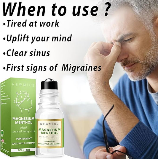 Magnesium Menthol Migraine Roll on Stick - Natural Fast Acting & Cooling Relief Peppermint Eucalyptus Aromatherapy Essential Oils for Headaches Sinus - Perfect Selfcare Gift Stocking Stuffers