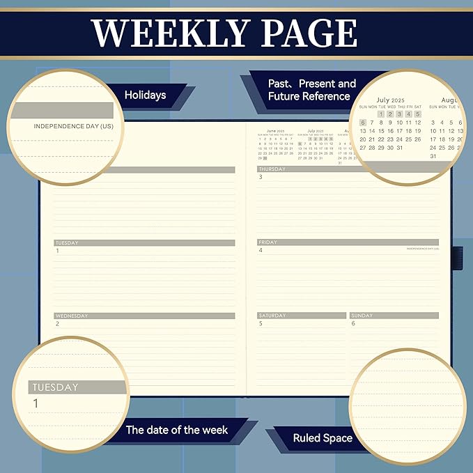 Planner 2025-2026 - Academic Planner 2025-2026, Leather Calendar Weekly and Monthly, 9"x11", July 2025 - June 2026, Leather Hardcover, Pen Loop, Elastic Closure, Pocket - Navy