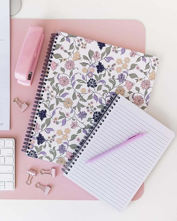 Steel Mill & Co Cute Floral Large Spiral Notebook College Ruled, 11" x 9.5" with Durable Hardcover and 160 Lined Pages, Purple Vine Ditsy