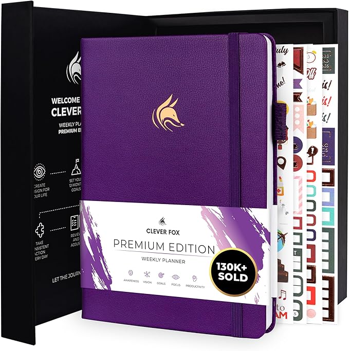 Clever Fox Planner Premium Edition – Undated Luxurious Weekly & Monthly Planner to Increase Productivity and Hit Your Goals – Organizer – Start Anytime, A5, Lasts 1 Year, Purple (Weekly)