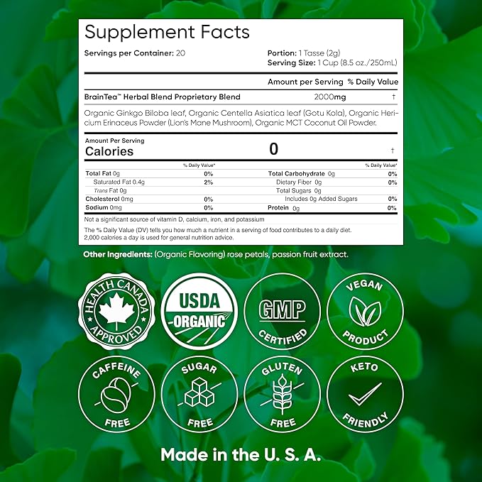 Brain Tea Focus & Memory - Organic Certified 4-in-1 Nootropic Brain Supplement with Ginkgo Biloba, Gotu Kola, Lion’s Mane Mushroom and MCT - Caffeine-Free Herbal Tea for Mental Clarity (30 Sachets)