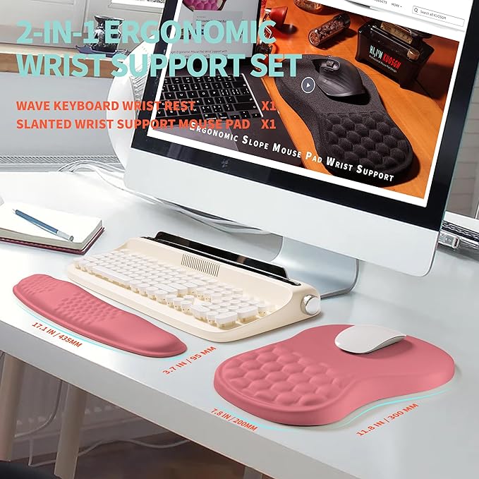 2-in-1 Ergonomic Set, Wave Rise Keyboard Wrist Rest and Massage Bulge Slope Mouse Pad Wrist Support, Cushion Memory Foam Integrated to Relieve Wrist Pain, Muskmelon Pink