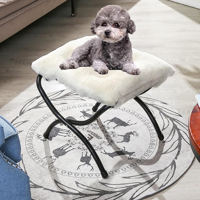 15" Foldable Foot Stool Ottoman with Metal Frame - Washable Faux Fur Beige Upholstered Indoor/Outdoor Footrest for Living Room, Bedroom, Patio - Space-Saving Compact Design