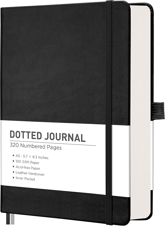 RETTACY Bullet Dotted Journal Notebook, 320 Numbered Pages, A5 Medium Size (5.7'' × 8.3''), Leather Hardcover, 100 GSM Thick Paper, for Bullet Journaling, Planning, Tracking (Black)