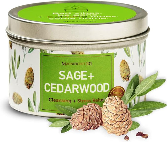 MAGNIFICENT 101 Sage & Cedarwood Scented Soy Candle - 6 Oz - 35-Hour Burn - Energy Cleansing & Stress Relief - Aromatherapy Candle & Spiritual Gifts for Women