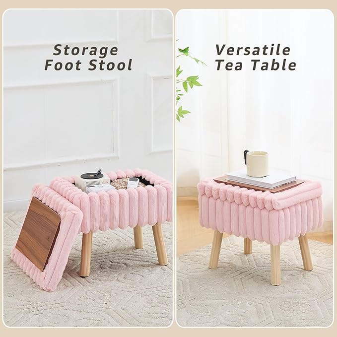 Wimarsbon Storage Ottoman,Soft Faux Fur Footstool with Padded Seat, Small Reading Vanity Chair, Footrest with Wood Tray for Couch, Mini Coffee Table or Display Stand (Pink, Rectangular Storage)