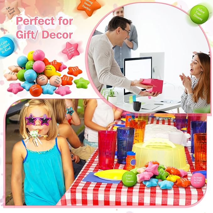 Aoriher 36 Pcs Motivational Stress Balls Quotes Inspirational Funny Colorful Foam Balls Hand Exercise Stress Relief Gifts for Office Small Anxiety Toys for Relief Motivating Supply (Star, Round)