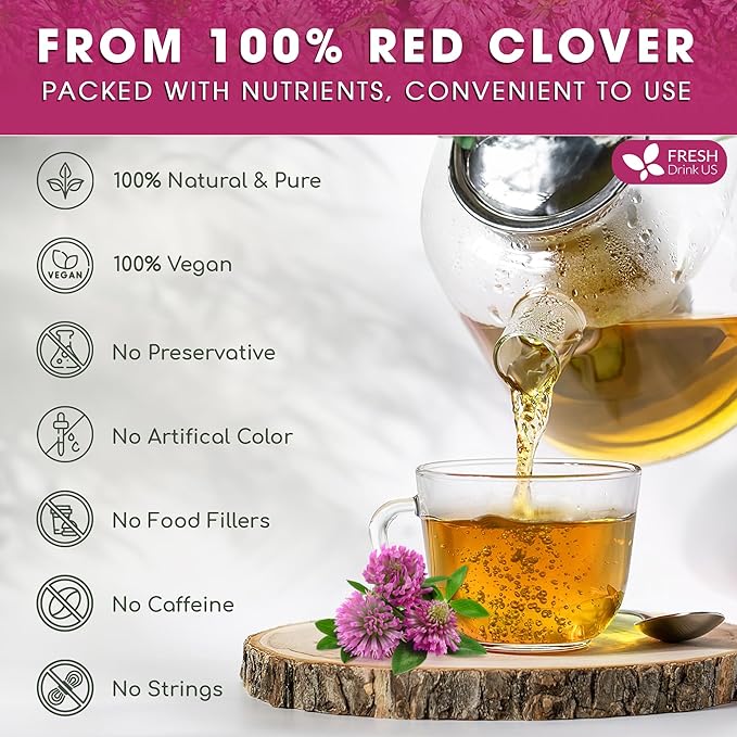 FreshDrinkUS, Premium Red Clover Herbal Tea– 75 Tea Bags – Pure – Naturally Smooth & Mild Flavor – Premium Quality, Eco-Conscious Packaging. Caffeine-Free. Gluten Free. Vegan