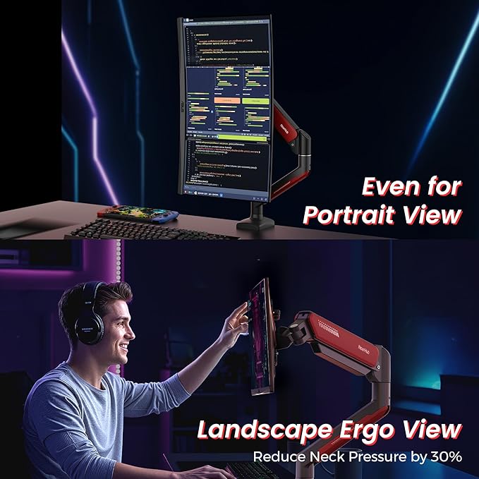 Gaming Monitor Mount for Computer Screen 13-32" and up to 22 lbs,360° Rotation,+90° to -45° Tilt,180° Swivel,with C Clamp and Grommet Base,Integrated Cable Management,75x75/100x100 VESA,RED