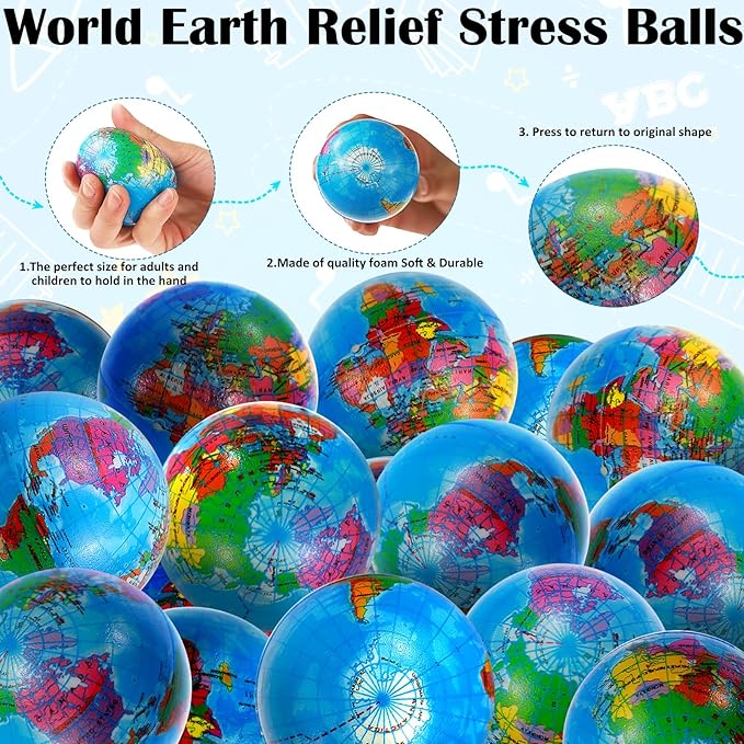 60 Pcs Globe Squeeze Balls Bulk,2.5 inch Earth Stress Relief Balls,Soft Foam Stress Ball Toy for Finger Exercise, Foam Squeezable Balls Classroom School Office Party Favors