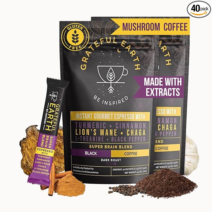 Grateful Earth Mushroom Coffee, Espresso Instant Coffee with Cinnamon, Turmeric, Lion’s Mane Mushrooms, L-Theanine, Chaga Super Brain Blend, Energy & Immune Support, Dairy & Gluten Free, 2 Bags, 40 Ct