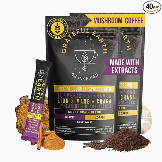 Grateful Earth Mushroom Coffee, Espresso Instant Coffee with Cinnamon, Turmeric, Lion’s Mane Mushrooms, L-Theanine, Chaga Super Brain Blend, Energy & Immune Support, Dairy & Gluten Free, 2 Bags, 40 Ct