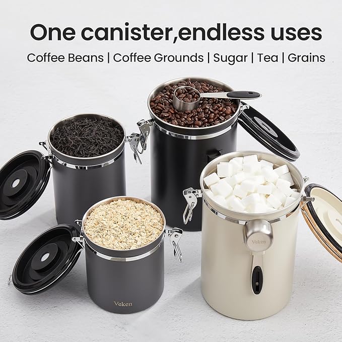 Veken Coffee Canister, 39OZ Large, Airtight Stainless Steel Food Storage Container for 2.2lbs Coffee Beans, Ground, Sugar, Tea, Flour, Cereal, Kitchen Bar Accessories with Date Tracker & Scoop, Black