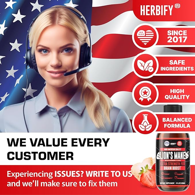 HERBIFY Lions Mane Supplement - Daily Mushroom Supplement for Memory, Focus & Clarity - Brain Booster - Lions Mane Tincture for Immune Support - 4 Fl oz Strawberry Flavor