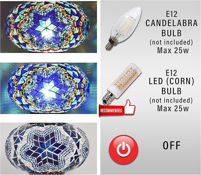 mozaist Moroccan Mosaic Crescent Shape Table Lamp, Turkish Moon Tiffany Style Handmade Desk Dim Light, Farmhouse Living Room Luna Lighting, Unique Turkish Gift with E12 Socket & US Plug (Sea Blue)