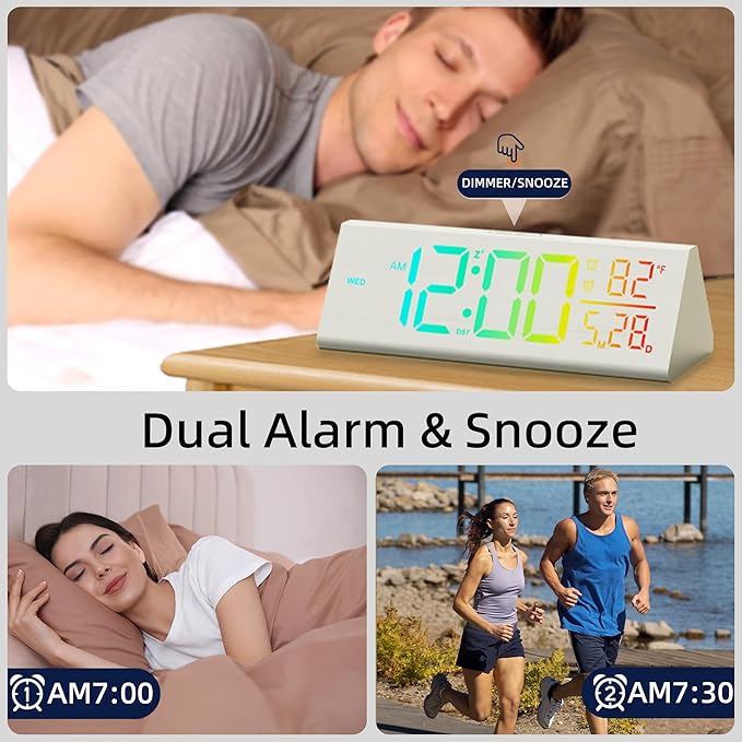 Solid Wood Digital Alarm Clock for Bedroom - 8.8 Inch Large Display for Living Room, See Time Instantly! Multicolor Backlight Time Display, Dual Alarms, Date/Temp/Day, DST, Snooze (White)