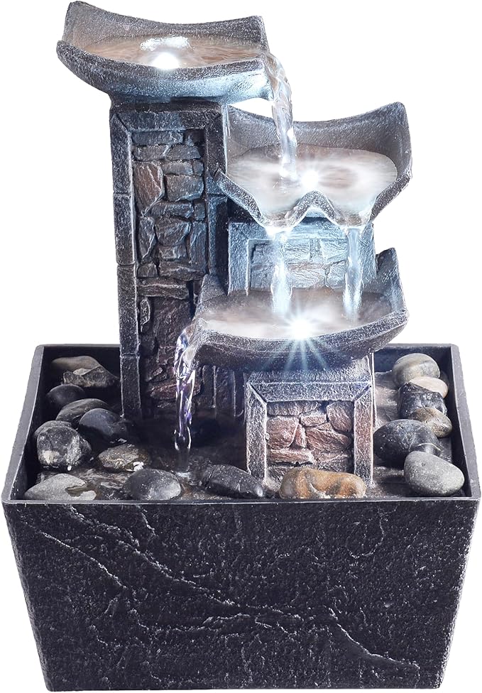 Tabletop Fountain Indoor Waterfall – 3-Tier Black Zen Decor with Pebble Base, White LED Light, Water Pump & On/Off Switch – Desktop Feng Shui Relaxation Gift for Home or Office (21110B)