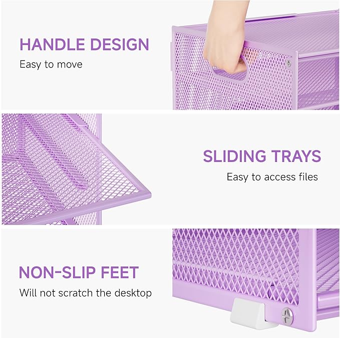 Lavatino 3-Tier Letter Tray Desk Organizer, Mesh Paper File Tray Organizer for Desk, Office Supplies & Home Organization, Fits A4 Paper, Mail, Magazines & Office Accessories (Purple with Handle)