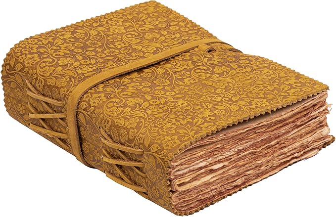 LEATHER VILLAGE Leather Bound Floral Embossed Journal for Women Men - 200 Pages, 8”X6”(A5), Sun Tan - Book of Shadows, Vintage Blank Paper Travel Diary, Notebook for Writing, Drawing, Sketchbook