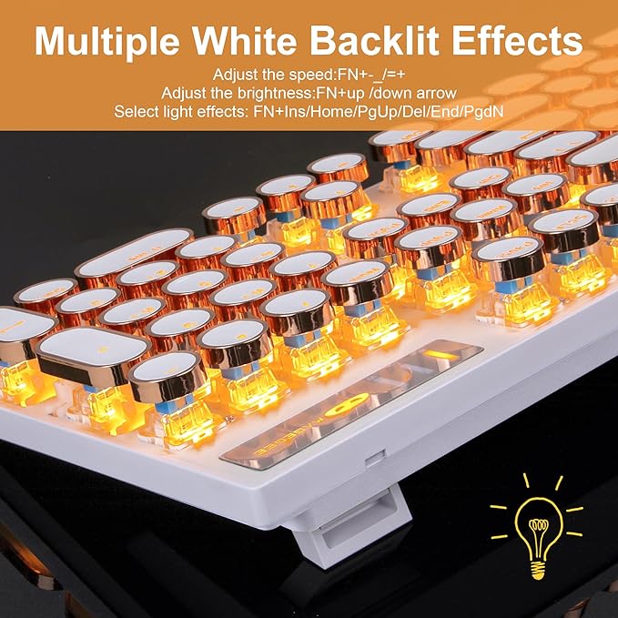 Typewriter Style Mechanical Keyboard, Retro Punk Gaming Keyboard with Gold LED Backlit, Cute Wired Keyboards,104 Keys Full Size Keyboards, Uique Round Keycaps for Windows/Mac/PC(White&Gold)