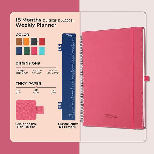 Planner 2025-2026 Daily Weekly and Monthly,11.5"x8.5",18 Months Spiral Bound Calendar Agenda with Self-adhesive Pen Holder,2026 Academic Plan with Vegan Leather Soft Cover,Rose Red