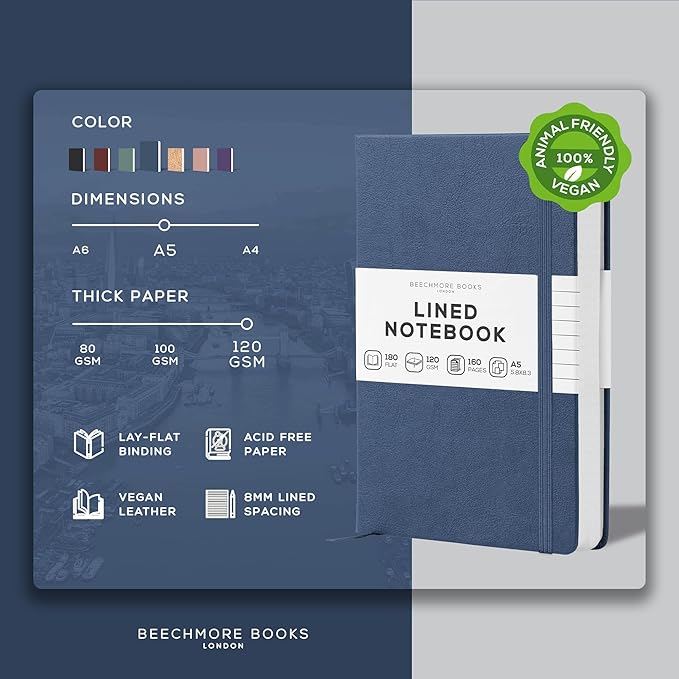 BEECHMORE BOOKS Lined Journal Notebook, 5.8 x 8.3 inch, A5 160 Lined Pages, Hardcover Leather Journals for Women, Men, Writing and Notebooks for Work - 120 GSM Thick Paper, Gifts Box Included