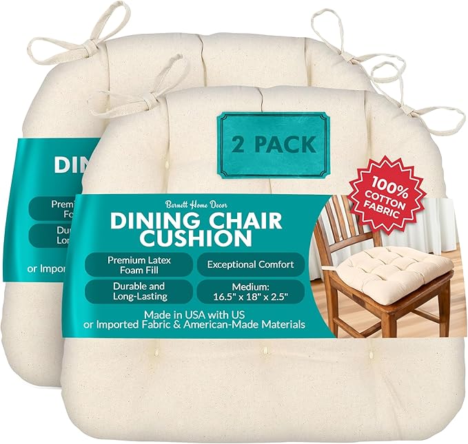 Barnett Home Decor Dining Chair Cushions with Ties, 16.5 x 18, Pack of 2 – Cotton Duck Natural – 100% Cotton, Latex Foam Fill