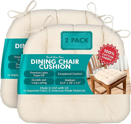 Barnett Home Decor Dining Chair Cushions with Ties, 16.5 x 18, Pack of 2 – Cotton Duck Natural – 100% Cotton, Latex Foam Fill
