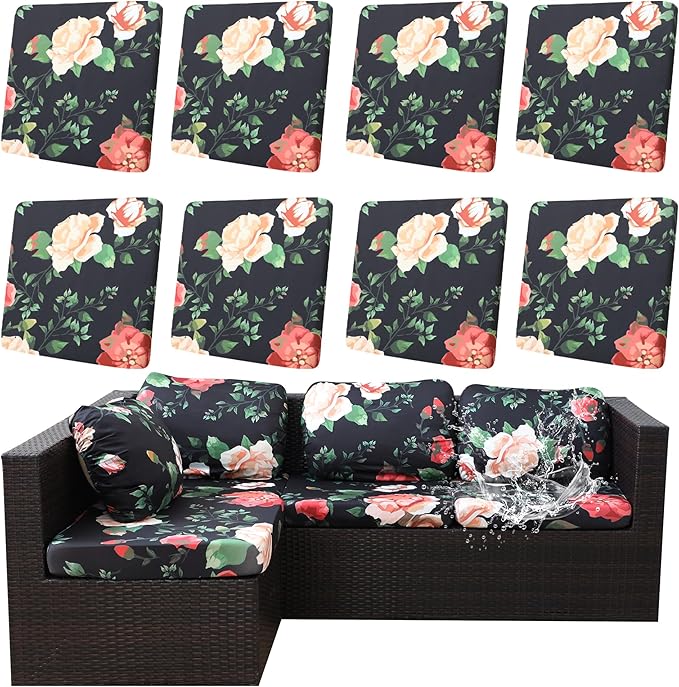 8Pcs Outdoor Cushions Covers Waterproof, Patio Cushion Covers, Stretch Cushion Covers Replacement,Cushion Slipcovers, Furniture Cushion Covers (Death of Summer, 8PCS-Print)