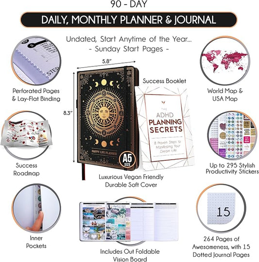 Adhd Daily Planner - A Self Care Personal Gratitude Journal to Increase Productivity and Success in Life & Work, Weekly & Monthly Undated Planner for Women and Men, Vision Board & Organizer + Stickers