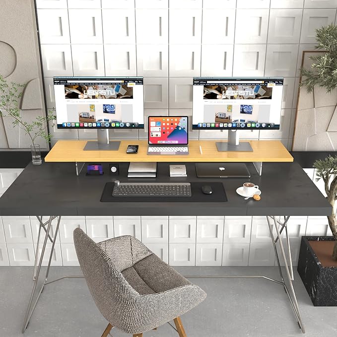 Crystal Clear Acrylic Monitor Stand,Leg levitating design Height Adjustable,Dual Monitor Riser Shelf Organizer for Desk、Home Office、Printer、TV Screen、Keyboard Storage (Nature)