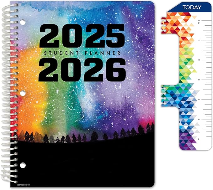 Global Datebooks Dated Middle School or High School Student Planner for Academic Year 2025-2026 Includes Ruler/Bookmark and Planning Stickers (Matrix Style - 8.5"x11" - Rainbow Silhouette)
