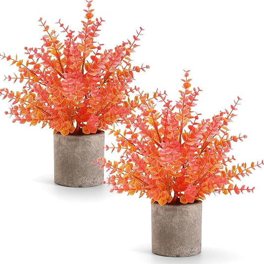2 Pack Fall Small Fake Plants 14" Eucalyptus Potted Artificial Plants Fall Decorations for Home Shelf Office Bathroom Desk Farmhouse Room Coffee Table Decor Fall Decor (Fall Orange-Large)
