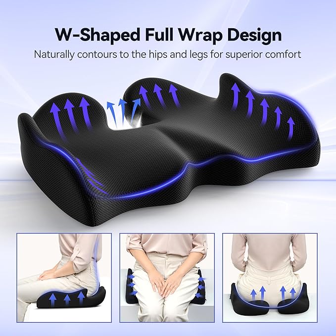 VOXON Extra Large Memory Foam Seat Cushion, Ergonomic Tailbone Pain Relief Cushion for Sciatica,Coccyx & Back Support, Non-Slip Car Seat Cushion with Washable Cover for Home, Work & Travel