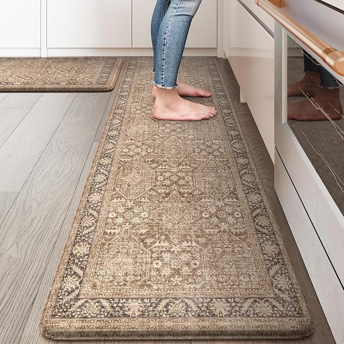 KIMODE Farmhouse Anti Fatigue Kitchen Mat, 17"x59"+17"x29" Vintage Kitchen Rugs, Waterproof Kitchen Floor Mats Non Slip, Comfort Foam Standing Mat for Sink, Laundry, Office, Desk Brown