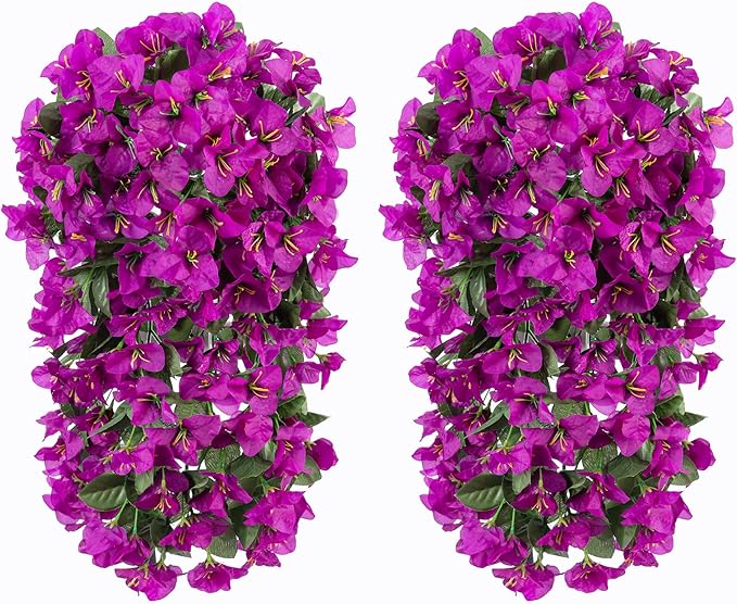Faux Bougainvillea Artificial Flowers Plants for Outdoors Outside Decoration, 2 pcs Purple Fake Flowers UV Resistant Look Real Silk Long Trailing Vines for Front Door Porch Planter Urn Patio Garden