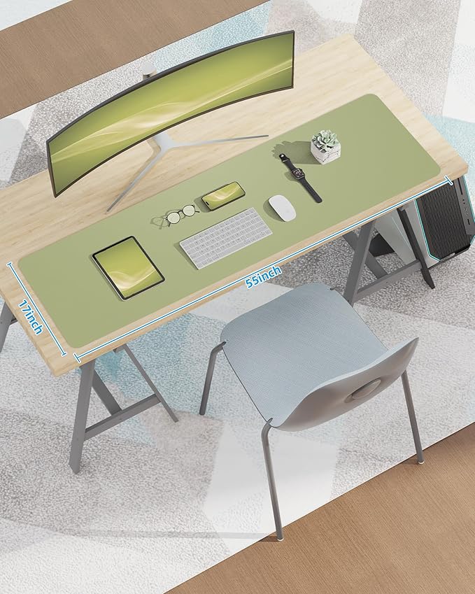 AFIING Leather Desk Pad Protector,Mouse Pad,Office Desk Mat, Non-Slip PU Leather Desk Blotter,Large Desk mat,Waterproof Keyboard mat for Office/Home/Decor (Olive Green,55"" x 17"")