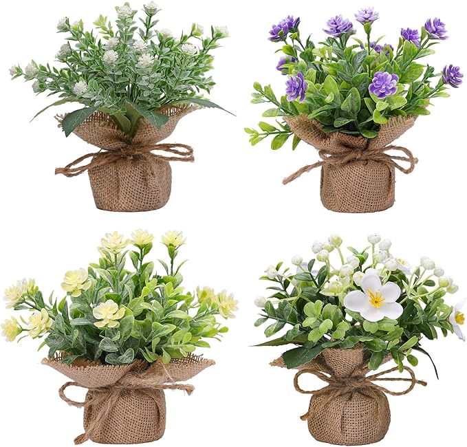 Artificial Flower Decoration mini Fake Plants Indoor Cute Small Faux Eucalyptus for House Home Living Room Bathroom Table Desk Office Hotel Spring Decor 4 Kinds of Flowers