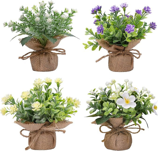 Artificial Flower Decoration mini Fake Plants Indoor Cute Small Faux Eucalyptus for House Home Living Room Bathroom Table Desk Office Hotel Spring Decor 4 Kinds of Flowers