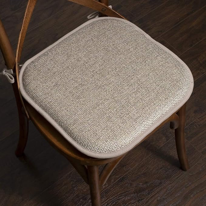 Sweet Home Collection Chair Cushion Memory Foam Pads with Ties Honeycomb Pattern Slip Non Skid Rubber Back Rounded Square 16" x 16" Seat Cover, 4 Pack, Cameron Beige Taupe