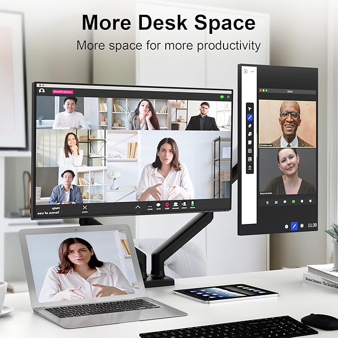 Dual Monitor Desk Mount for 13-32" Computer Screen,Adjustable Gas Spring Monitor Arm,Each Arm Holds 4.4 to 22 lbs,Swivel/Tilt/Rotation,VESA 75X75mm 100X100mm,C Clamp & Grommet Mounting Base