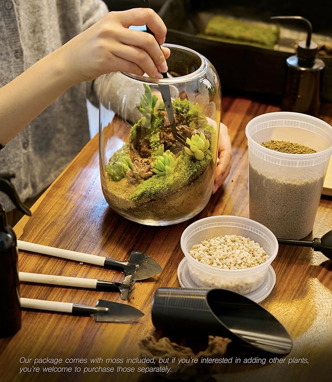 Terrarium Kit/Supplies Terrarium Plants Set with Grow Light, for Succulents Miniature Gardening, Include Terrarium jar Tool Set Live Moss Rocks Soil Driftwood and Decor, for Plant Lovers